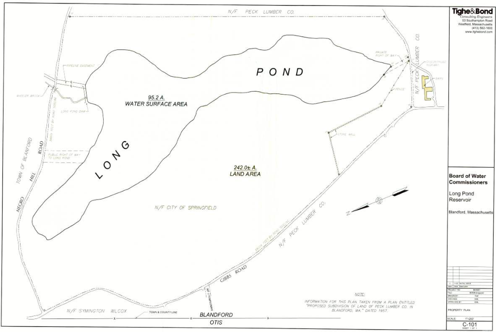 Property plan of the Long Pond Reservoir, Blandford, Massachusetts, for the Board of Water Commissioners, sheet C-101 by Tighe & Bond, Consulting Engineers, of Westfield, at a scale of 1 inch to 200 feet (printed sideways on the page and shown here turned upright). It shows Long Pond, labelled 95.2 acres of water surface area, and the land around it, labelled 242.0 acres more or less and now or formerly of the City of Springfield. Gibbs Road runs along one side of the property and the Blandford and Otis town and county line along another; land now or formerly of Peck Lumber Co. adjoins it, and Long Pond Dam, Wheeler Brook, a pipeline easement, a public right of way to Long Pond, a stone wall, a fence, and a barn are marked. A note says the information was taken from a plan entitled "Proposed Subdivision of Land of Peck Lumber Co. in Blandford, MA" dated 1957.