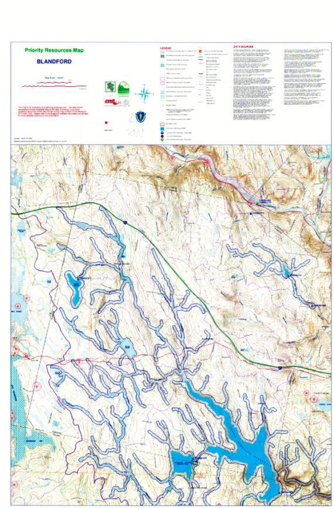 Priority Resources Map for Blandford, a map drawn over a topographic base. It shows the town's streams with shaded bands along them, its ponds and reservoirs in blue, the Massachusetts Turnpike crossing the map in green, a road marked in red, and circular symbols at points across the map. A title block, a scale, a legend, and a column of data sources are printed across the top in type too small to read at the size the page prints it.