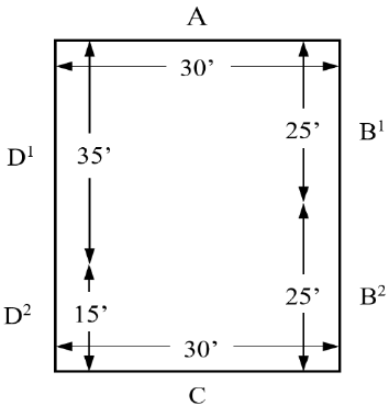 Plan of a rectangular building whose perimeter is divided into six wall sections, labeled A and C along the top and bottom, D1 and D2 down the left side, and B1 and B2 down the right. A and C are each 30 feet; D1 is 35 feet and D2 is 15 feet; B1 and B2 are 25 feet each.